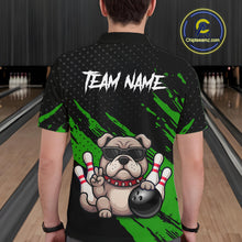 Load image into Gallery viewer, Men’s green Bulldog bowling polo shirt, back view on male model in bowling lane 