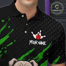 Load image into Gallery viewer, Men’s green Bulldog  bowling polo shirt with custom name, angled front view showing custom team design 