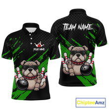 Load image into Gallery viewer, Custom green funny bulldog bowling jersey for men, personalized team bowling polo shirt front view and back view.