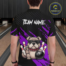 Load image into Gallery viewer, Men’s purple Bulldog bowling polo shirt, back view on male model in bowling lane 