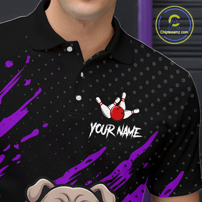 Men’s purple Bulldog bowling polo shirt with custom name, angled front view showing custom team design 