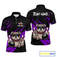 Load image into Gallery viewer, Custom purple funny bulldog bowling jersey for men, personalized team bowling polo shirt front view and back view.