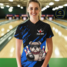Load image into Gallery viewer, Women’s blue Bulldog bowling quarter zip shirt, front view on female model in bowling lane 