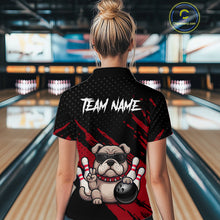 Load image into Gallery viewer, Women’s red Bulldog bowling quarter zip shirt, back view on female model in bowling lane 