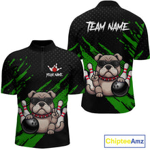 Load image into Gallery viewer, Custom green funny bulldog bowling jersey for men, personalized team bowling quarter zip shirt front view and back view.