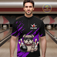 Load image into Gallery viewer, Men’s purple Bulldog bowling quarter zip shirt, front view on male model in bowling lane 