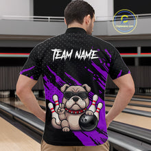 Load image into Gallery viewer, Men’s purple Bulldog bowling quarter zip shirt, back view on male model in bowling lane 