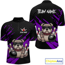 Load image into Gallery viewer, Custom purple funny bulldog bowling jersey for men, personalized team bowling quarter zip shirt front view and back view.