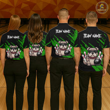 Load image into Gallery viewer, Group of bowlers in blue Bulldog team shirts, personalized bowling uniforms back view.