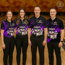 Load image into Gallery viewer, Group of bowlers in purple Bulldog team shirts, personalized bowling uniforms front view.