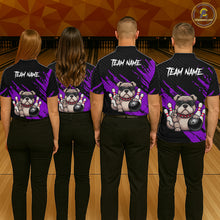 Load image into Gallery viewer, Group of bowlers in purple Bulldog team shirts, personalized bowling uniforms back view.