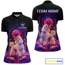 Load image into Gallery viewer, Women’s retro Poodle Dog neon synthwave bowling polo shirt with custom name, back view on white background.