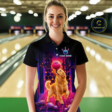 Load image into Gallery viewer, Women’s retro Golden Retriever Dog neon synthwave bowling polo shirt, front view on female model in bowling lane 