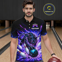 Load image into Gallery viewer, Man wearing a black panther bowling design shirt in a bowling alley.