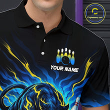Load image into Gallery viewer, Black polo shirt with colorful design and 'Your Name' text, featuring a bowling ball and pins graphic.