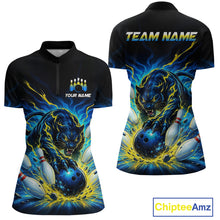 Load image into Gallery viewer, Black polo shirt with panther and bowling design, customizable text on a white background