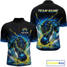 Load image into Gallery viewer, Black bowling shirt with panther design and customizable text on a white background