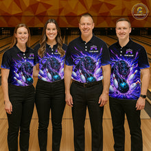 Load image into Gallery viewer, Four people wearing matching bowling shirts in a bowling alley.