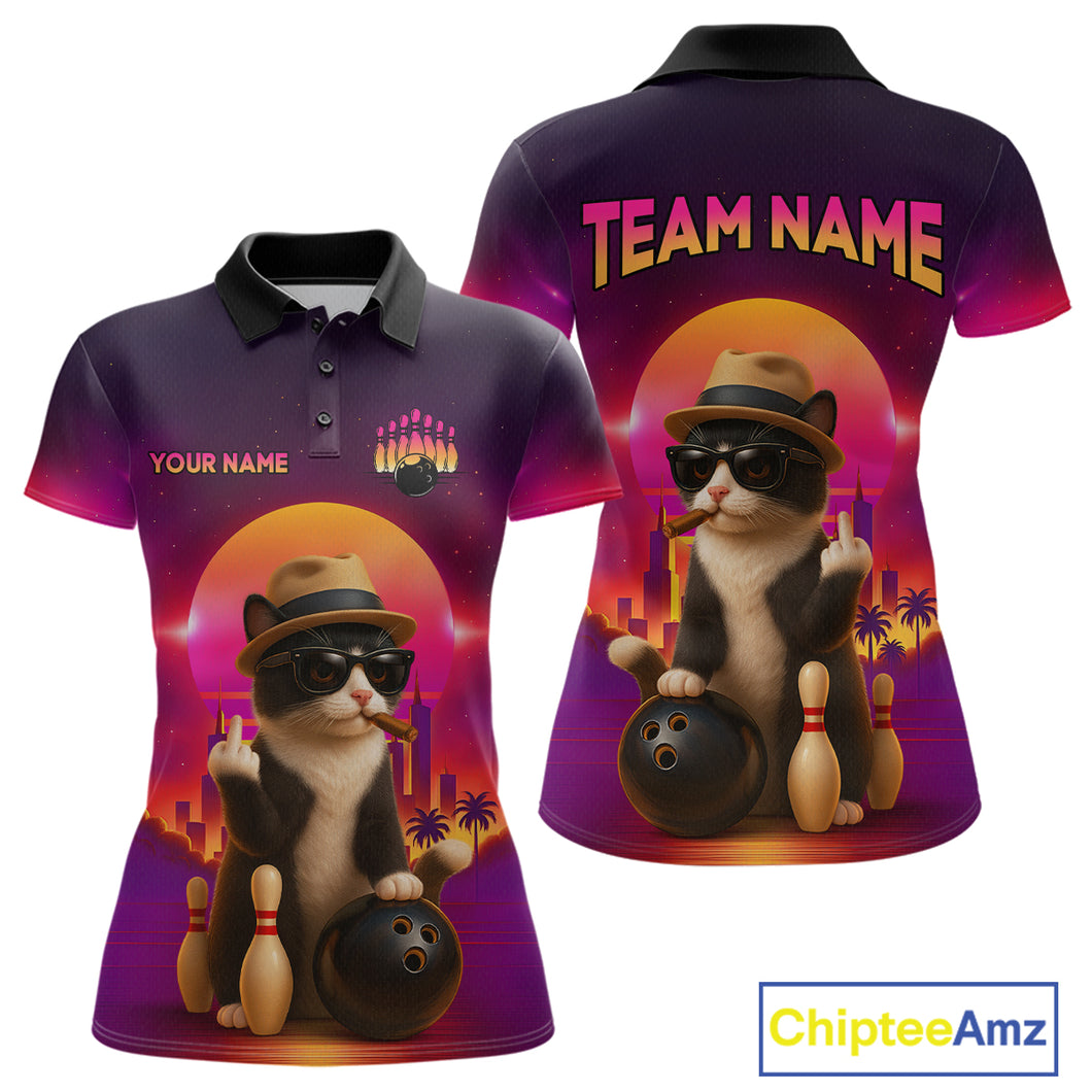 Custom Funny Cat Bowling Jersey for Women Bowling League Polo & 1/4 Zip Bowling Team Shirts HNT142