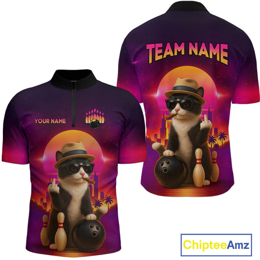 Custom Funny Cat Bowling Jersey for Men Bowling League Polo & 1/4 Zip Bowling Team Shirts HNT142