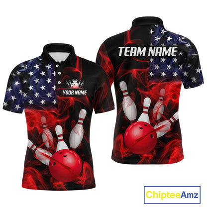 Custom us flag smoke bowling jersey for men, personalized team bowling polo shirt front view and back view.