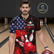 Load image into Gallery viewer, Men’s us flag smoke bowling polo shirt, front view on male model in bowling lane 