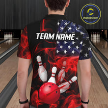 Load image into Gallery viewer, Men’s us flag smoke bowling polo shirt, back view on male model in bowling lane 