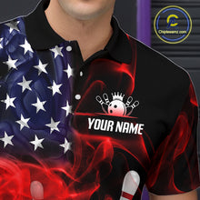 Load image into Gallery viewer, Men’s us flag smoke bowling polo shirt with custom name, angled front view showing custom team design 
