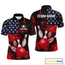 Load image into Gallery viewer, Custom us flag smoke bowling jersey for men, personalized team bowling polo shirt front view and back view.