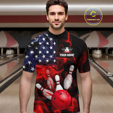 Load image into Gallery viewer, Men’s us flag smoke bowling quarter zip shirt, front view on male model in bowling lane 