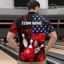 Load image into Gallery viewer, Men’s us flag smoke bowling quarter zip shirt, back view on male model in bowling lane 