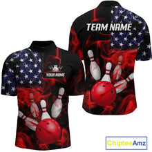 Load image into Gallery viewer, Custom us flag smoke bowling jersey for men, personalized team bowling quarter zip shirt front view and back view.