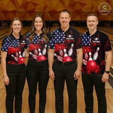 Load image into Gallery viewer, Group of bowlers in us flag team shirts, personalized bowling uniforms front view.