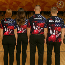 Load image into Gallery viewer, Group of bowlers in us flag team shirts, personalized bowling uniforms back view.