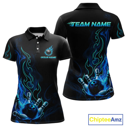 Black short-sleeve polo shirt shown from the front and back, featuring blue and teal bowling-themed flame graphics, bowling balls, and customizable text placeholders on the chest and back. A ChipteeAmz logo appears in the bottom right corner.