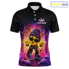 Load image into Gallery viewer, Custom neon synthwave rocker bowling jersey for men, personalized team bowling polo shirt front view.