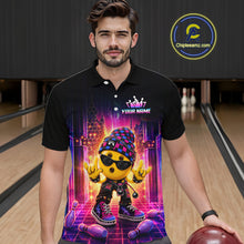 Load image into Gallery viewer, Men’s neon synthwave rocker bowling polo shirt, front view on male model in bowling lane 