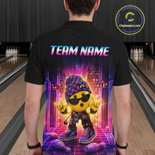 Load image into Gallery viewer, Men’s neon synthwave rocker bowling polo shirt, back view on male model in bowling lane 