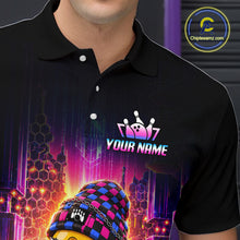 Load image into Gallery viewer, Men’s neon synthwave rocker bowling polo shirt with custom name, angled front view showing custom team design