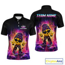 Load image into Gallery viewer, Custom neon synthwave rocker bowling jersey for men, personalized team bowling polo shirt front view and back view.