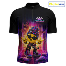 Load image into Gallery viewer, Custom neon synthwave rocker bowling jersey for men, personalized team bowling quarter zip shirt front view.