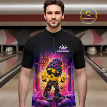 Load image into Gallery viewer, Men’s neon synthwave rocker bowling quarter zip shirt, front view on male model in bowling lane 