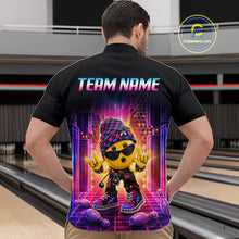 Load image into Gallery viewer, Men’s neon synthwave rocker bowling quarter zip shirt, back view on male model in bowling lane 