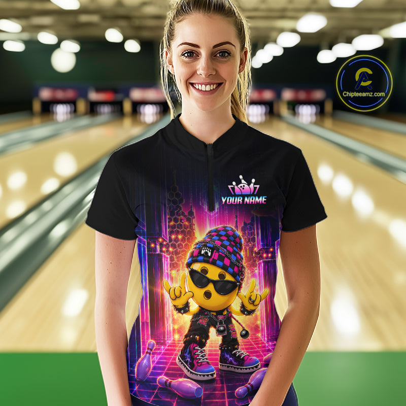 Women’s neon synthwave rocker bowling quarter zip shirt, front view on female model in bowling lane 