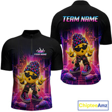 Load image into Gallery viewer, Custom neon synthwave rocker bowling jersey for men, personalized team bowling quarter zip shirt front view and back view.