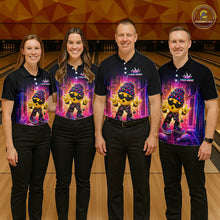 Load image into Gallery viewer, Group of bowlers in neon synthwave rocker team shirts, personalized bowling uniforms front view.