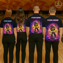 Load image into Gallery viewer, Group of bowlers in neon synthwave rocker team shirts, personalized bowling uniforms back view.