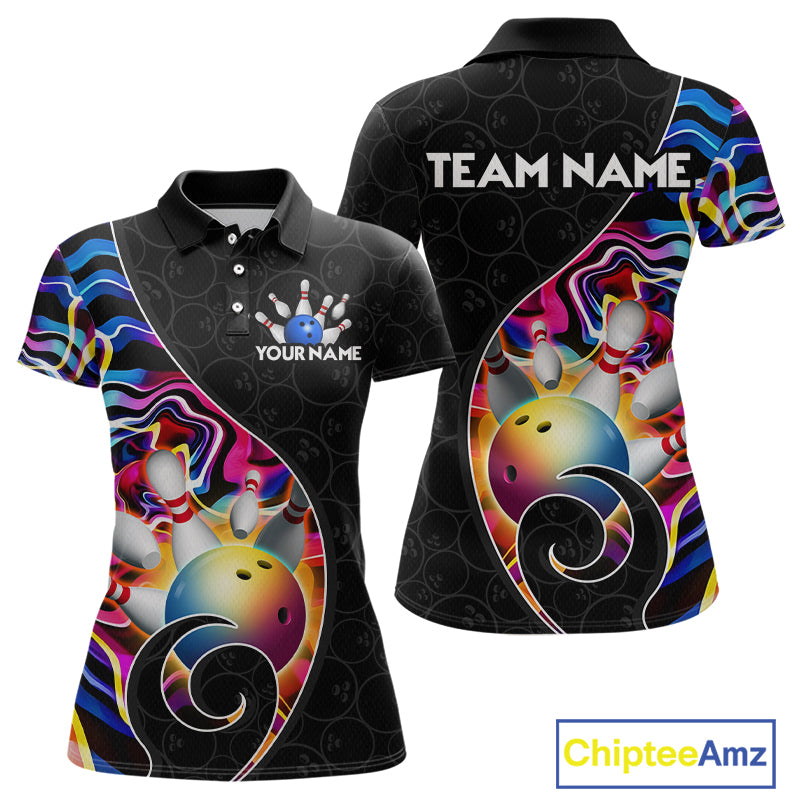 Women’s blue neon wave strike bowling shirt with custom name, front view polo design on white background