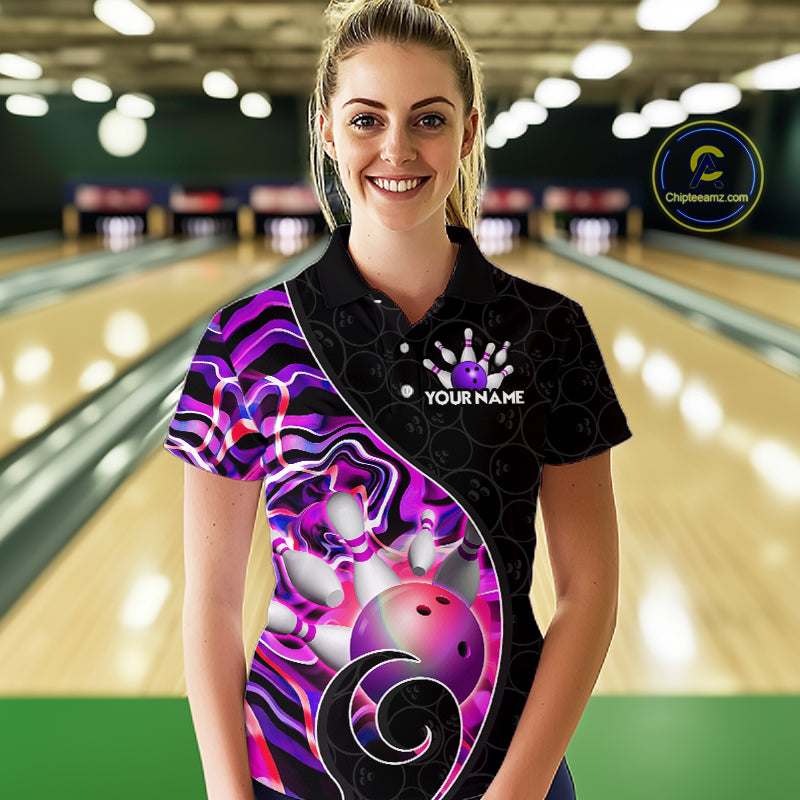Women’s purple neon wave bowling polo shirt, front view on female model in bowling lane