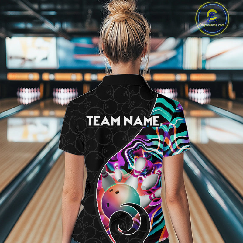 Women’s turquoise neon wave bowling polo shirt, back view on female model in bowling lane